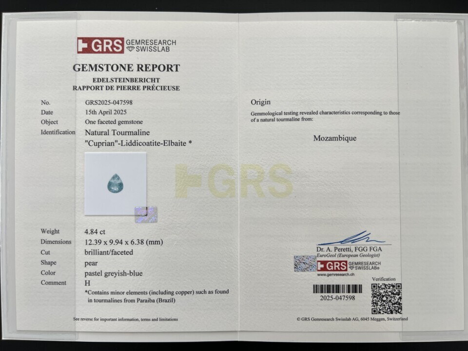 GRS certificate Natural Paraiba tourmaline